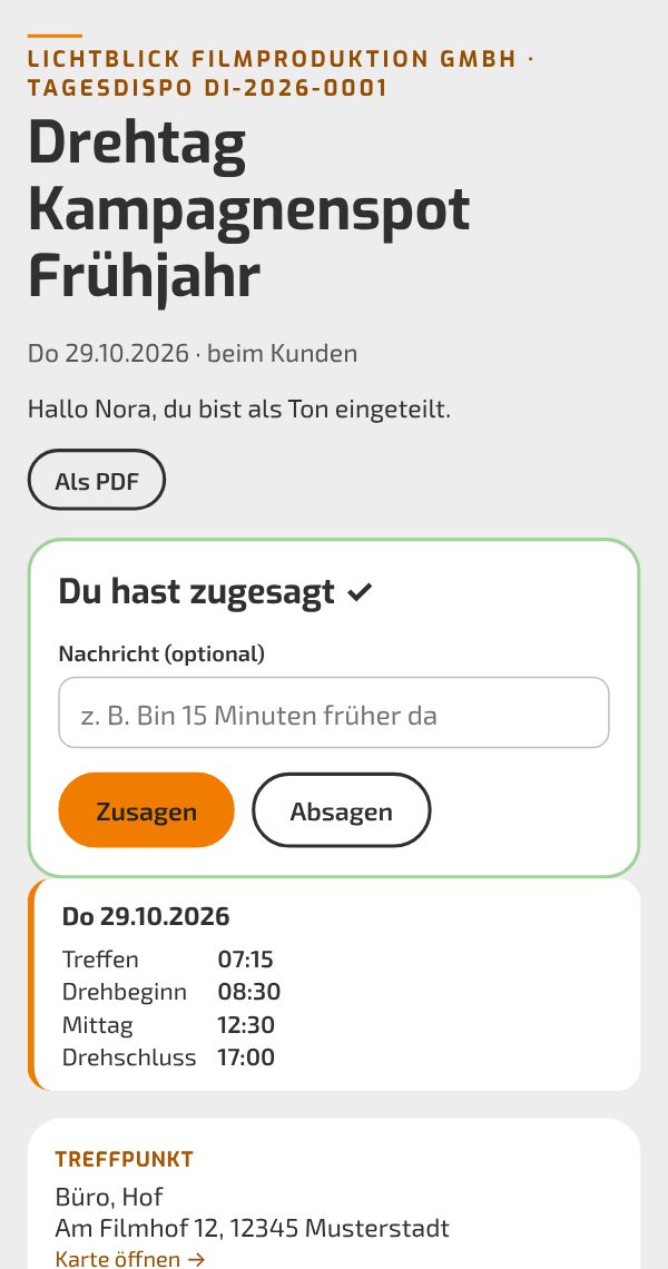 Persönliche Dispo auf dem Handy mit Zeiten, Treffpunkt und Buttons zum Zu- und Absagen