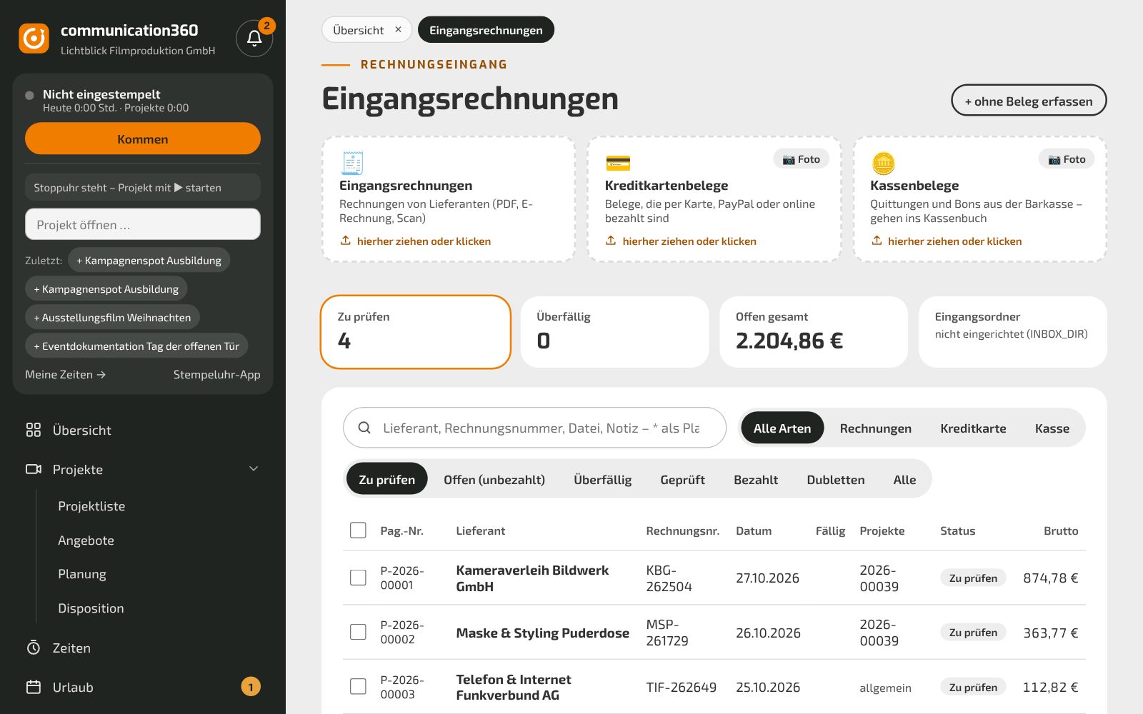 Eingangsrechnungen mit Lieferant, Betrag, Status und Paginiernummer