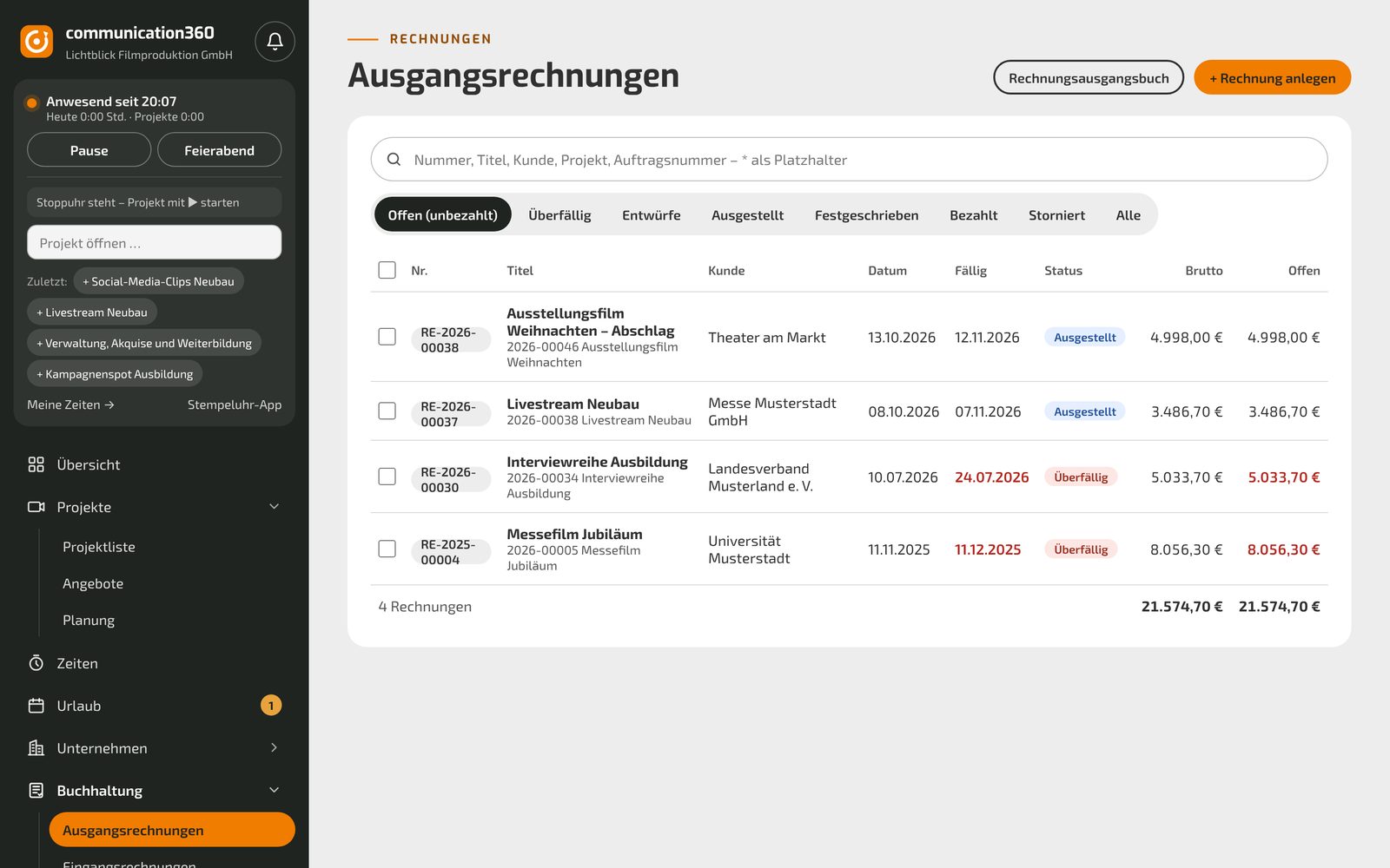 Rechnungsliste mit Status, Beträgen und offenen Posten