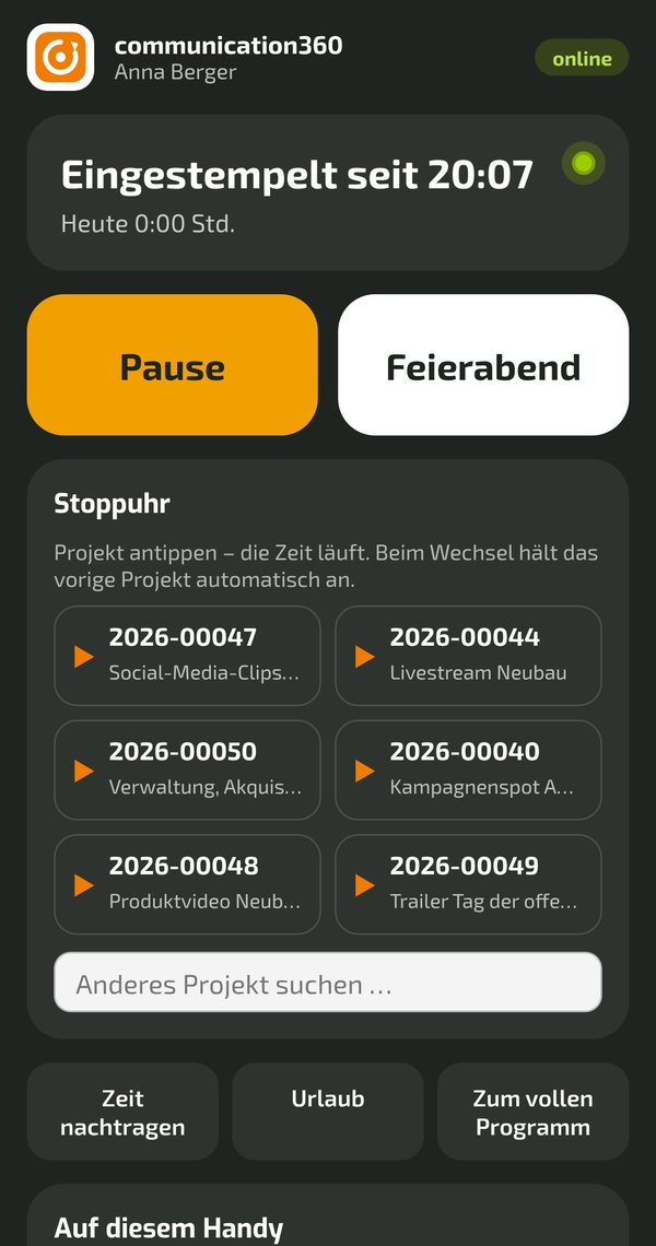 Stempeluhr auf dem Handy mit Kommen-Taste und Stoppuhr je Projekt